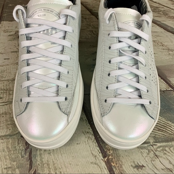 P448 John Sneakers Low Top Lace Up Iridescent White Beige Sz 35 EU/ 5-5.5 US - Picture 4 of 16